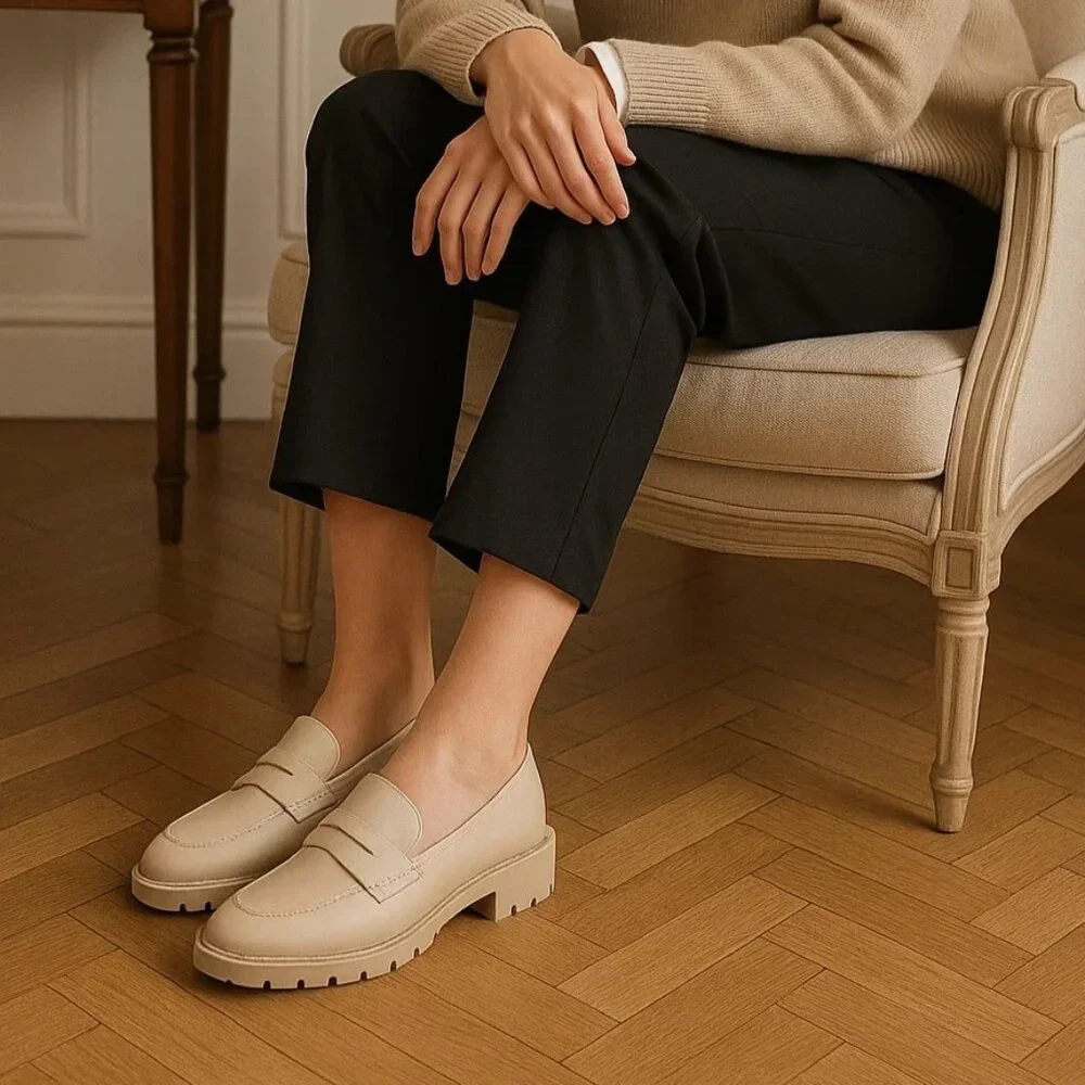 DV Dolce Vita 7 Lug Loafer Crisp Chunky Heel Slip On Shoes Vegan Suede Beige